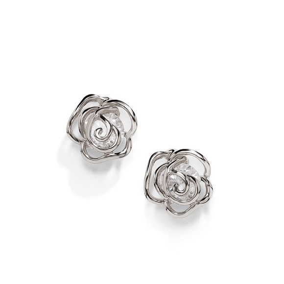Silver & CZ Rose stud Earrings - Picture 5 of 7